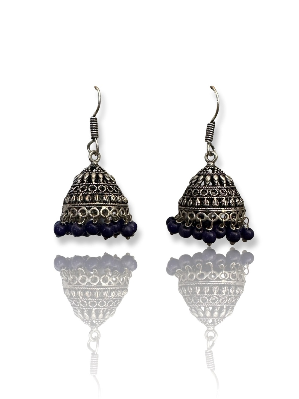 Oxidized Silver Jhumka Earrings with Deep Blue Beads - Women Jewelry
